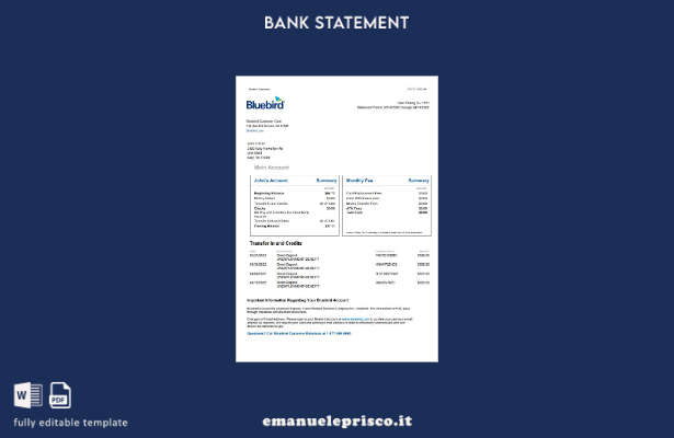 modello word di estratto conto bancario USA Bluebird in stile verificato